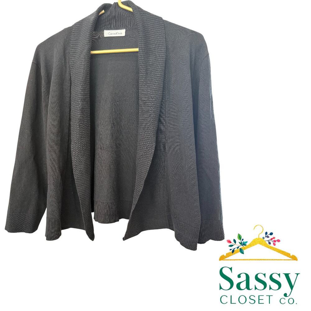 Calvin Klein Black Shawl Collar Cardigan Open Front Knit 3/4 Sleeve Size M EUC